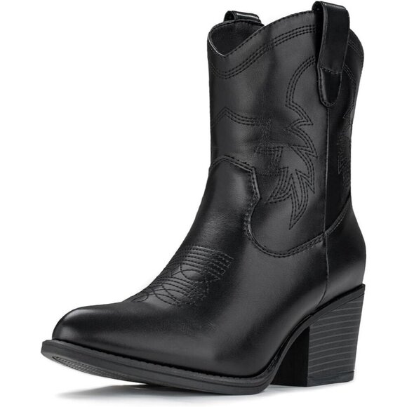 Western Boots Mid Calf Boots Short Chunky Classic Black Faux Leather For Women - Picture 1 of 9